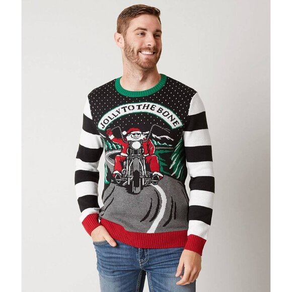 Ugly Christmas Sweater Men's Santa on a Motorcycle Size Medium Black Gray - Picture 1 of 11